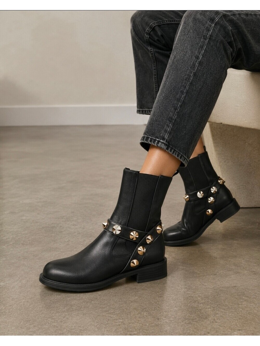 Zara Studded Strap Chelsea Ankle Boots Black Gold Spikes EU 39 US 8